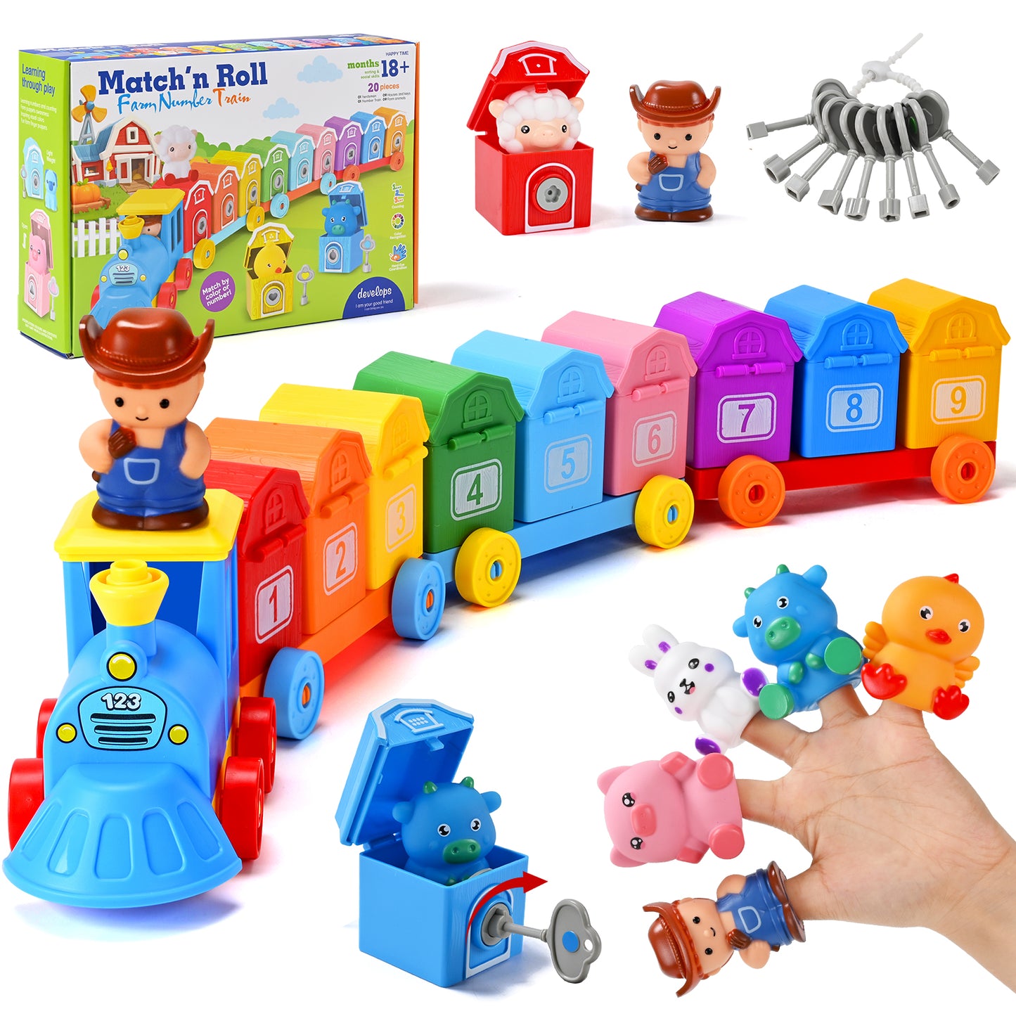Farm Train Learning Toy, Counting, Matching & Sorting Montessori Learning Animal Set Including 9 Farm Animals and 1 Farmer, Easter Christmas Birthday Gift for for Toddlers 1 2 3 Years Old