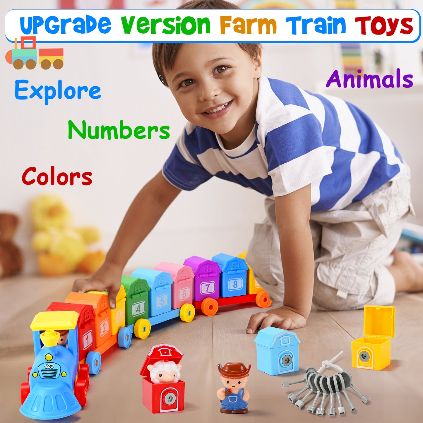 Farm Train Learning Toy, Counting, Matching & Sorting Montessori Learning Animal Set Including 9 Farm Animals and 1 Farmer, Easter Christmas Birthday Gift for for Toddlers 1 2 3 Years Old