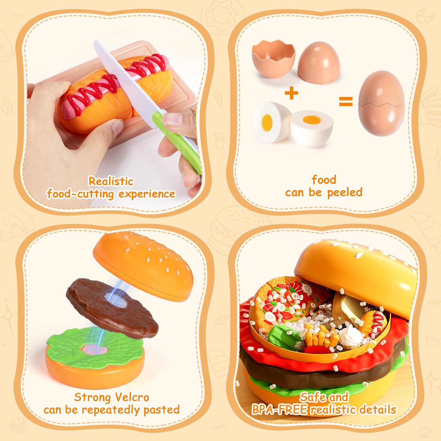 IYHN Play Food Toy for Kids Kitchen, 70pcs Cutting Pretend Food Toys for Toddlers, Play Kitchen Accessories with Hamburger Storage, Fake Food/Fried Chicken/Desert, Birthday Gifts for 3-5 Years Old