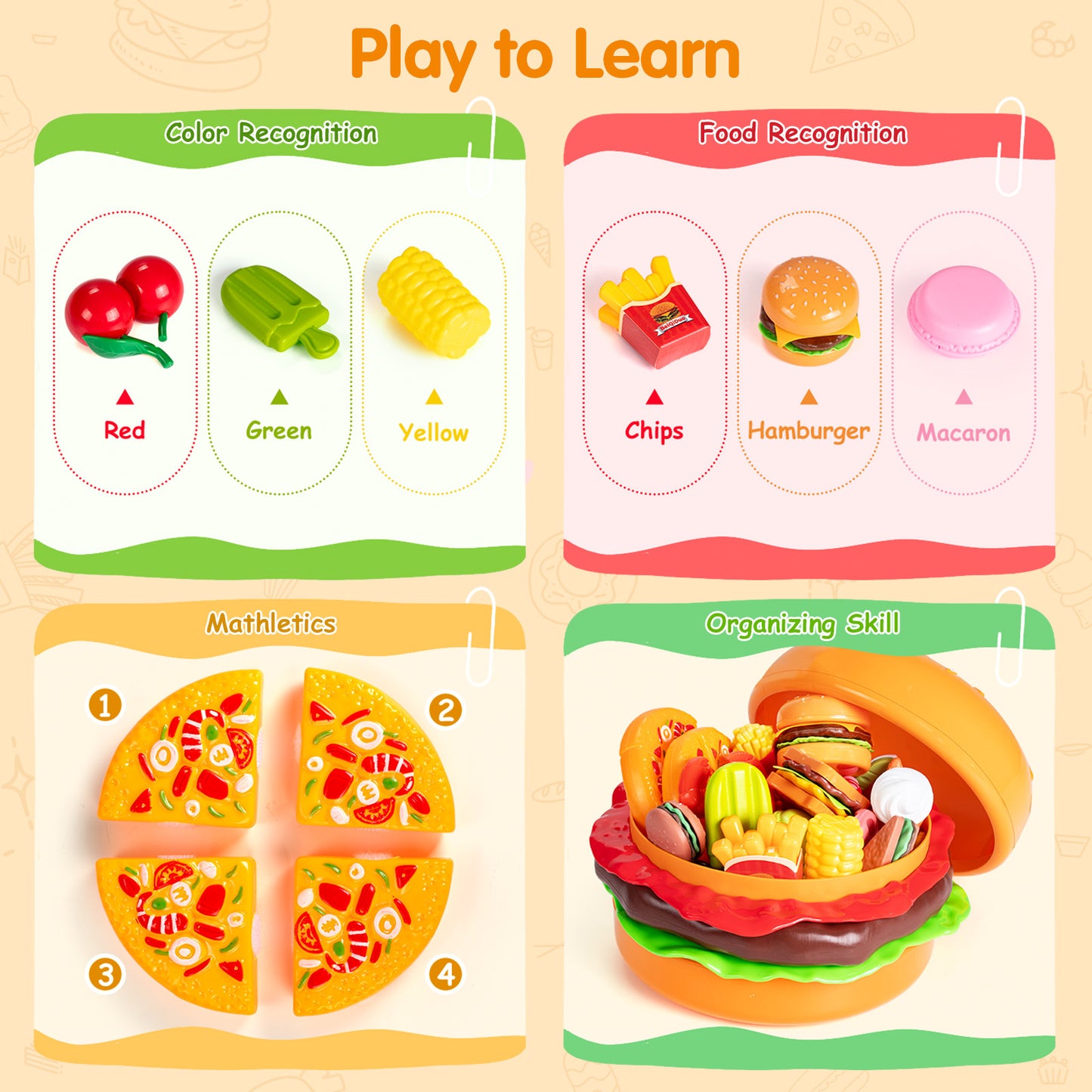 IYHN Play Food Toy for Kids Kitchen, 70pcs Cutting Pretend Food Toys for Toddlers, Play Kitchen Accessories with Hamburger Storage, Fake Food/Fried Chicken/Desert, Birthday Gifts for 3-5 Years Old