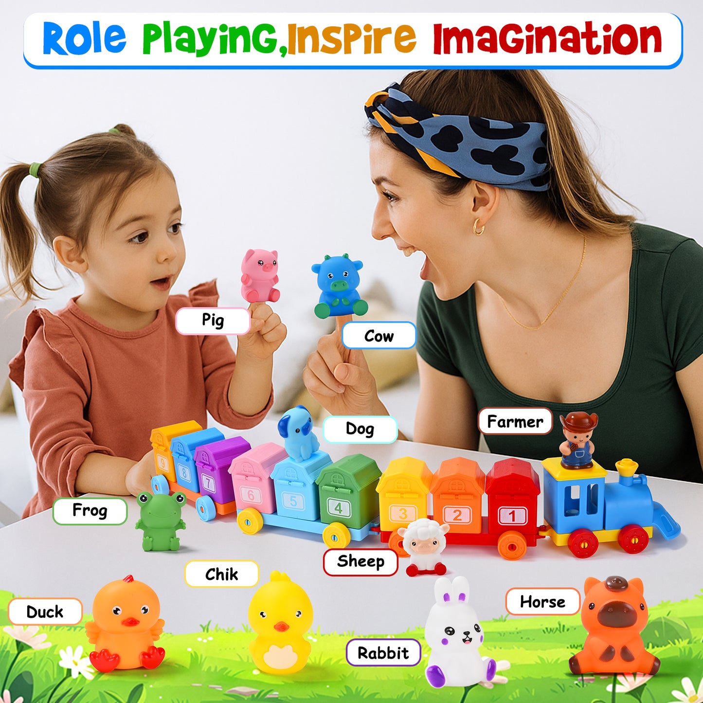 Farm Train Learning Toy, Counting, Matching & Sorting Montessori Learning Animal Set Including 9 Farm Animals and 1 Farmer, Easter Christmas Birthday Gift for for Toddlers 1 2 3 Years Old