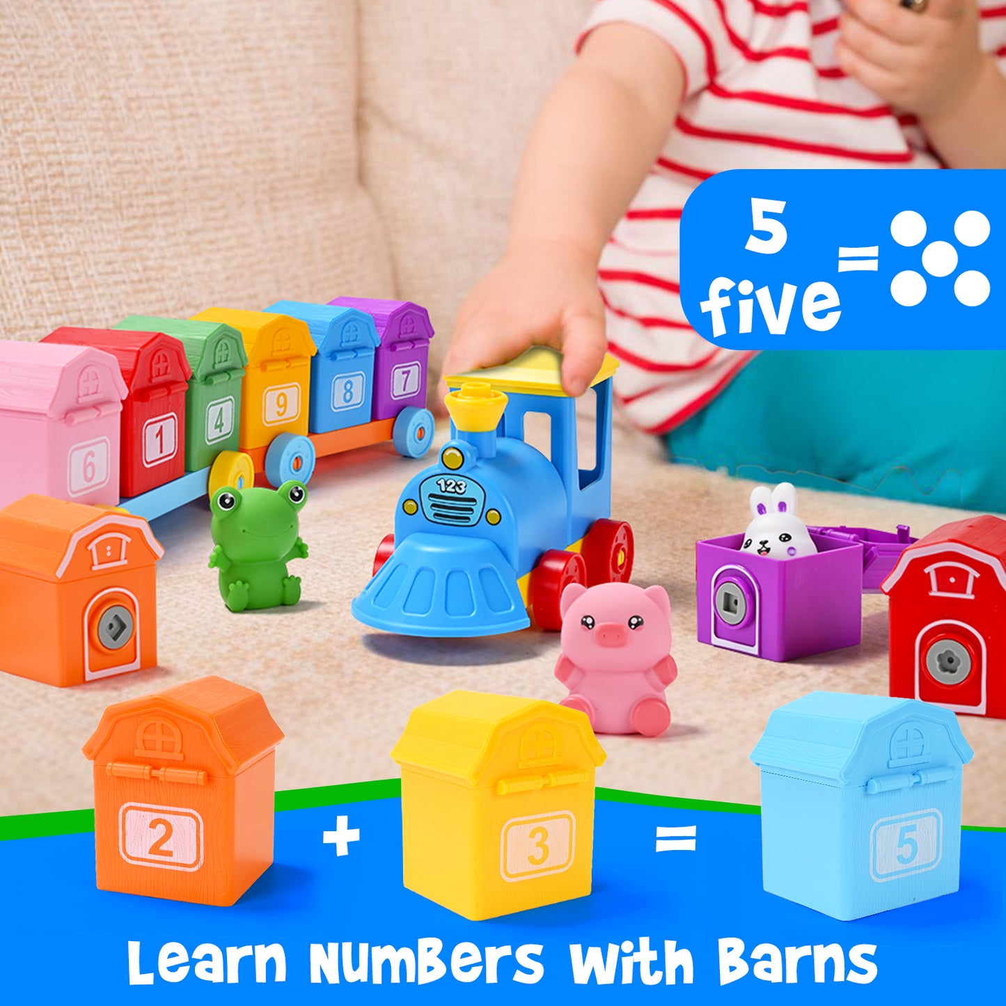 Farm Train Learning Toy, Counting, Matching & Sorting Montessori Learning Animal Set Including 9 Farm Animals and 1 Farmer, Easter Christmas Birthday Gift for for Toddlers 1 2 3 Years Old