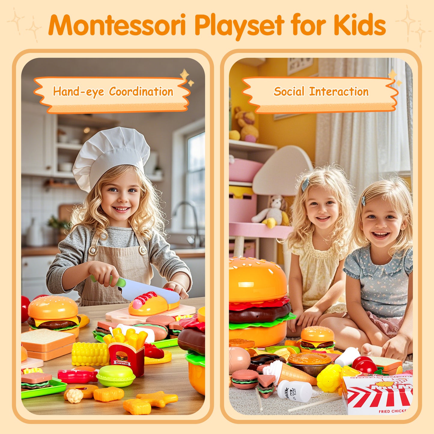 IYHN Play Food Toy for Kids Kitchen, 70pcs Cutting Pretend Food Toys for Toddlers, Play Kitchen Accessories with Hamburger Storage, Fake Food/Fried Chicken/Desert, Birthday Gifts for 3-5 Years Old