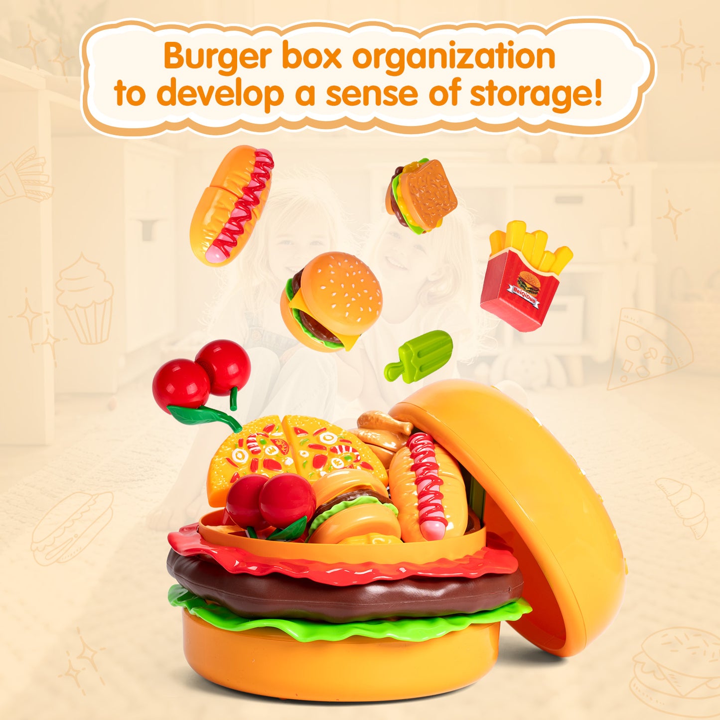 IYHN Play Food Toy for Kids Kitchen, 70pcs Cutting Pretend Food Toys for Toddlers, Play Kitchen Accessories with Hamburger Storage, Fake Food/Fried Chicken/Desert, Birthday Gifts for 3-5 Years Old