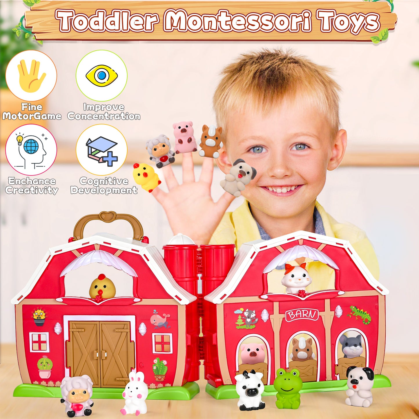 Big Red Barn Farm Animal Playset for Boys Girls, Learning Montessori Pretend Toys for 1 2 3 Years Old,Christmas Birthday Easter Gift for Baby Kids Toddlers Age 12-18 Months
