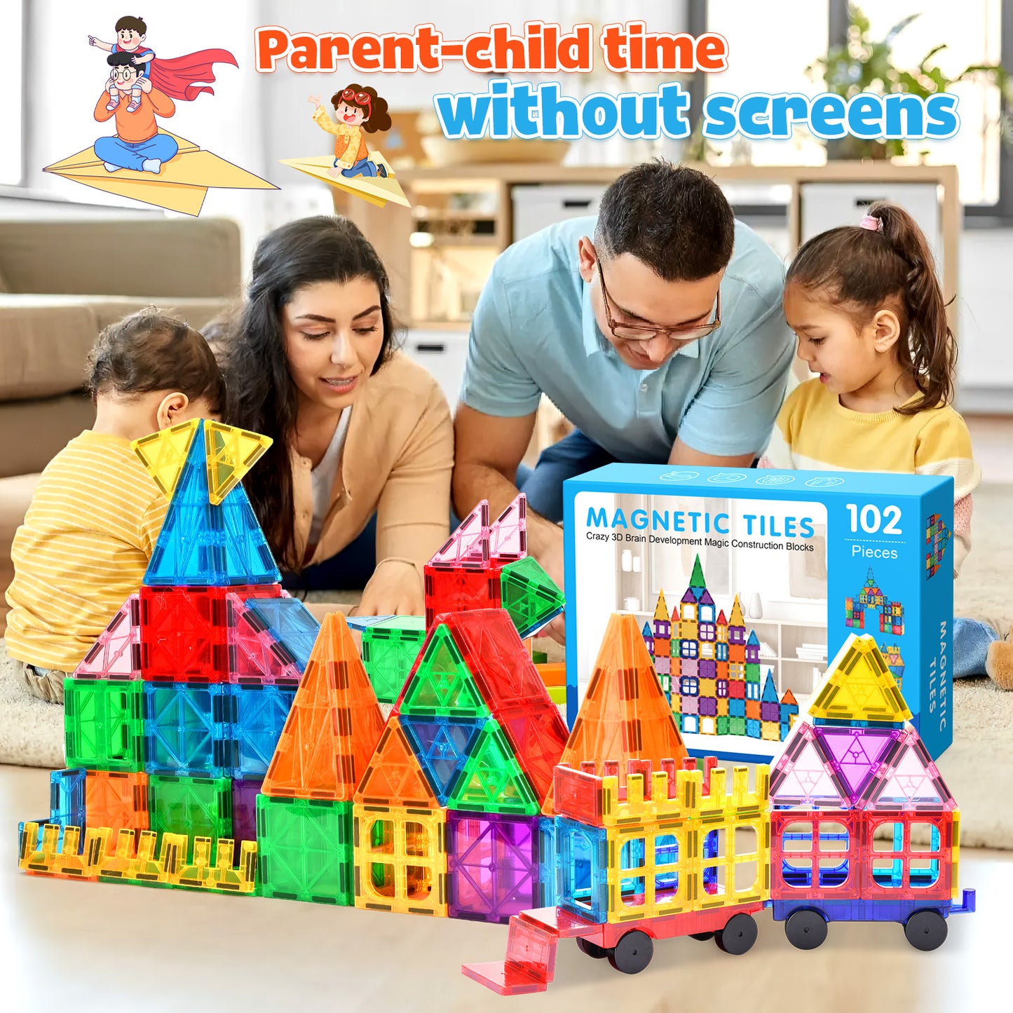 Magnetic Tiles 102pcs Preschool Learning Sensory Montessori Toys, Educational Toys for Toddlers Kids Ages 3+, 3D Magnet Building Blocks for Boys Girls