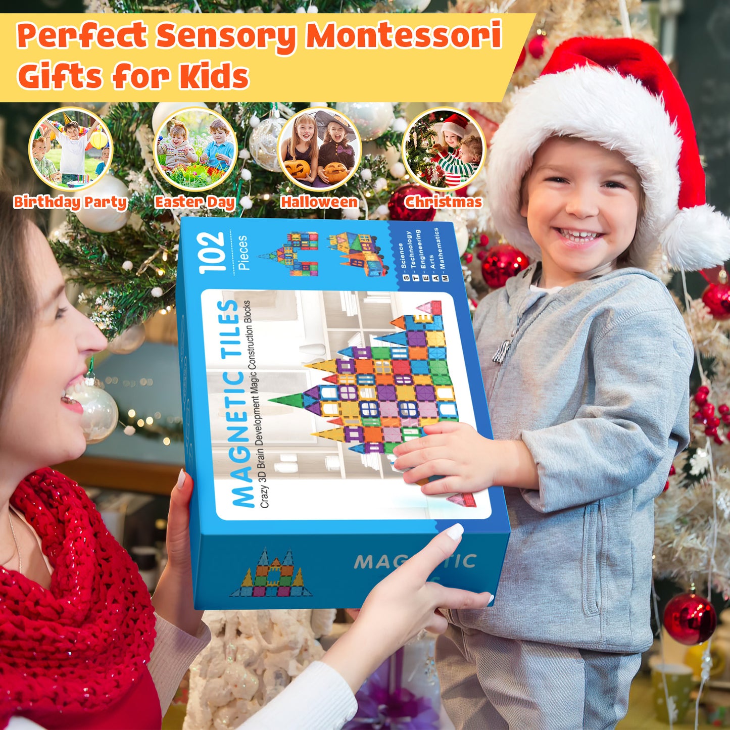 Magnetic Tiles Kids Toys, 102pcs Magnetic Blocks Building Construction STEM Sensory Toys for Toddler, Preschool Learning Educational Games for Boys Girls Aged 3+, Classroom Must Haves