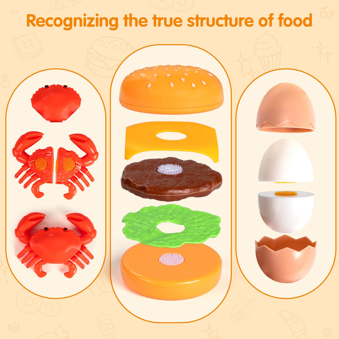 IYHN Play Food Toy for Kids Kitchen, 70pcs Cutting Pretend Food Toys for Toddlers, Play Kitchen Accessories with Hamburger Storage, Fake Food/Fried Chicken/Desert, Birthday Gifts for 3-5 Years Old