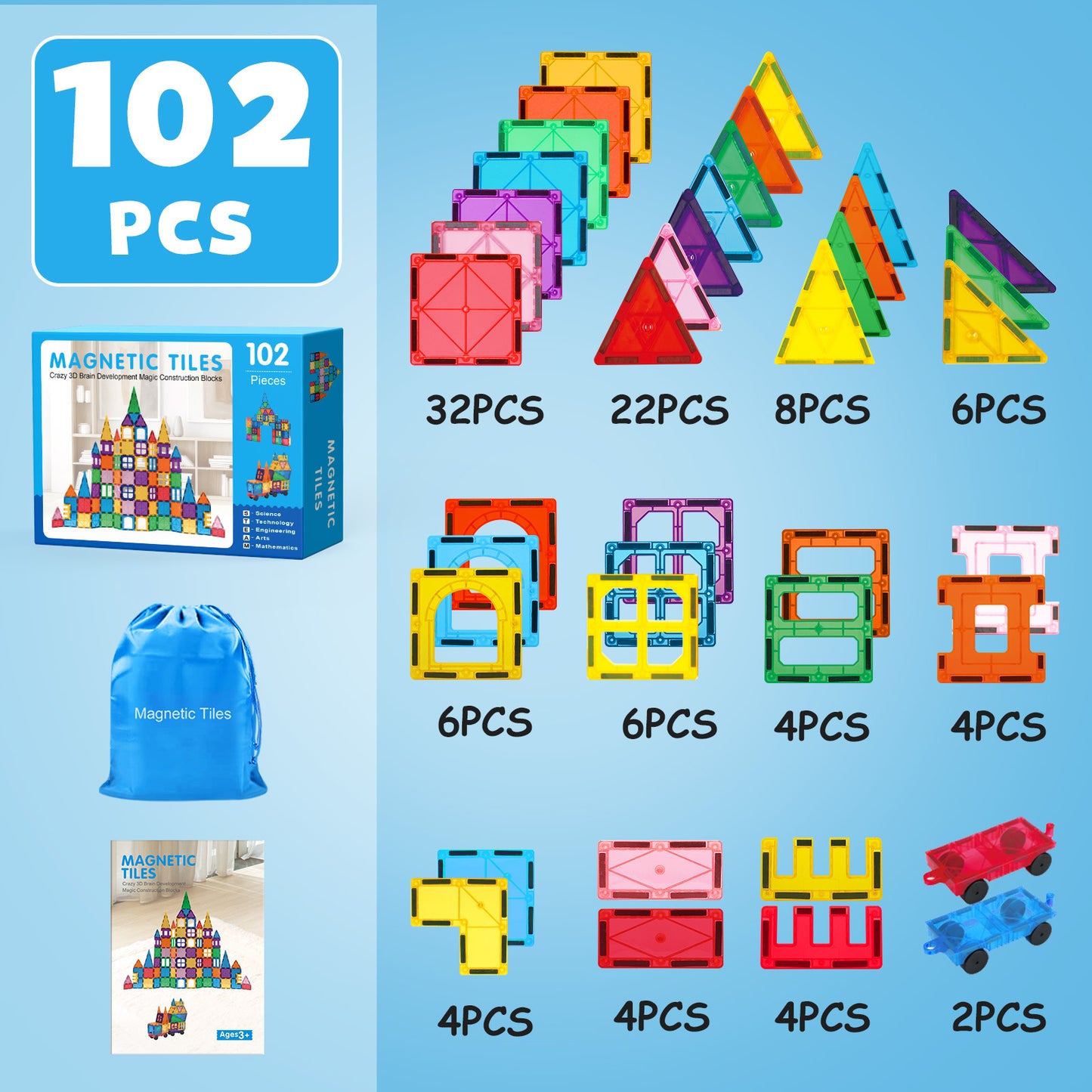 Magnetic Tiles 102pcs Preschool Learning Sensory Montessori Toys, Educational Toys for Toddlers Kids Ages 3+, 3D Magnet Building Blocks for Boys Girls