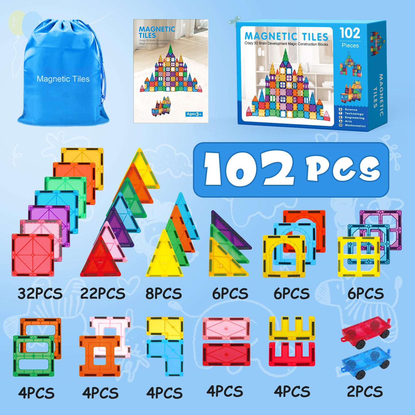 Magnetic Tiles 102pcs Building Blocks Stem Toys for 3+ Year Old Boys and Girls Montessori Toys Toddler Kids Gifts Parents Approved Sensory Toys