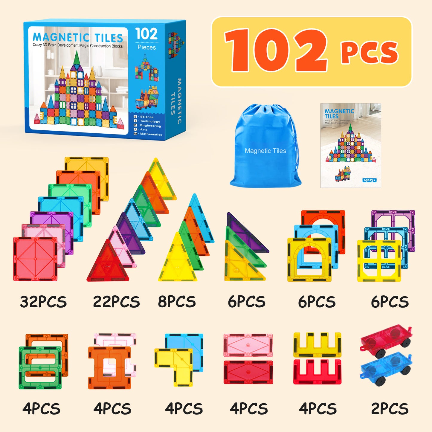 Magnetic Tiles Kids Toys, 102pcs Magnetic Blocks Building Construction STEM Sensory Toys for Toddler, Preschool Learning Educational Games for Boys Girls Aged 3+, Classroom Must Haves