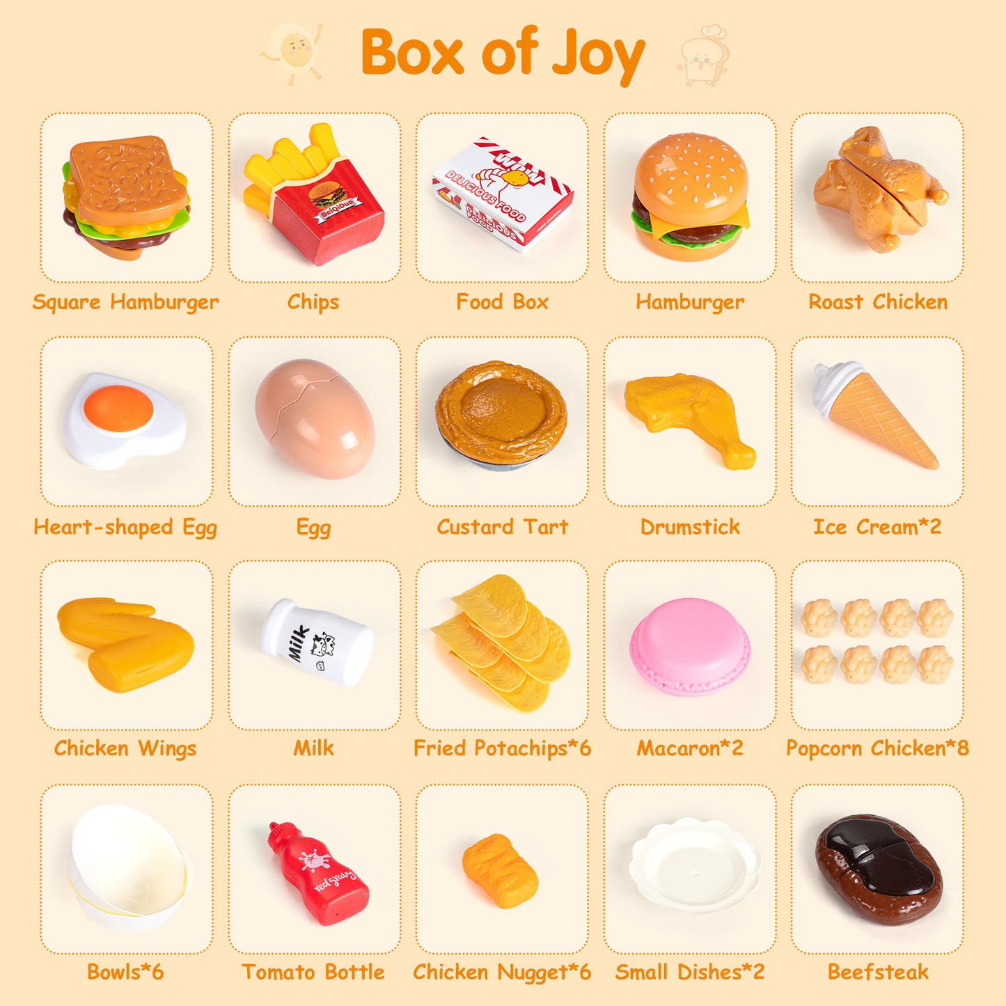 IYHN Play Food Toy for Kids Kitchen, 70pcs Cutting Pretend Food Toys for Toddlers, Play Kitchen Accessories with Hamburger Storage, Fake Food/Fried Chicken/Desert, Birthday Gifts for 3-5 Years Old