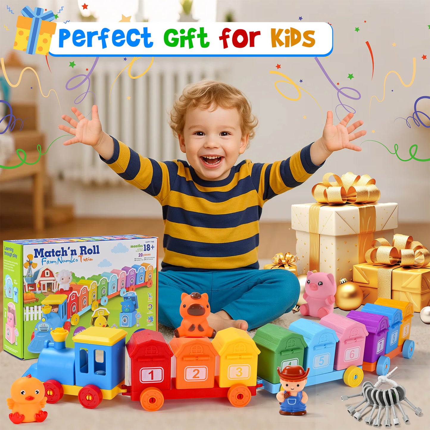 Farm Train Learning Toy, Counting, Matching & Sorting Montessori Learning Animal Set Including 9 Farm Animals and 1 Farmer, Easter Christmas Birthday Gift for for Toddlers 1 2 3 Years Old
