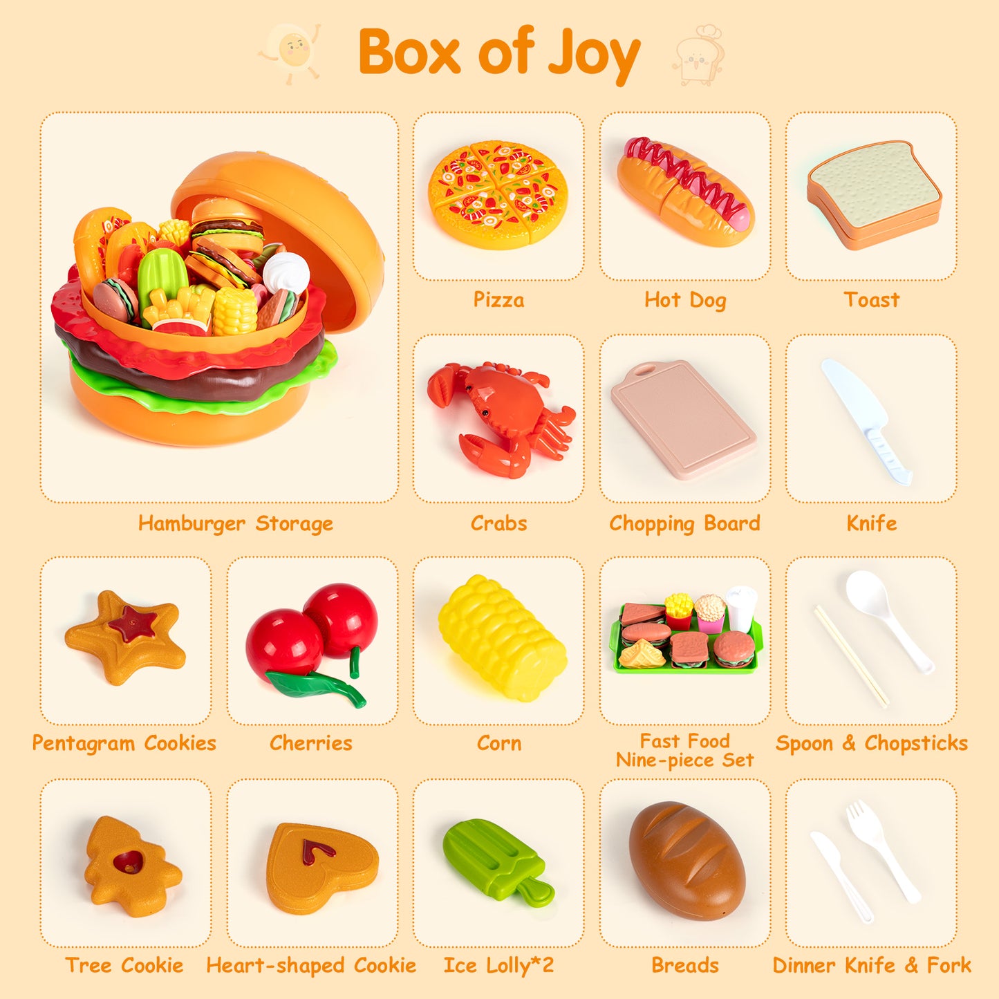 IYHN Play Food Toy for Kids Kitchen, 70pcs Cutting Pretend Food Toys for Toddlers, Play Kitchen Accessories with Hamburger Storage, Fake Food/Fried Chicken/Desert, Birthday Gifts for 3-5 Years Old