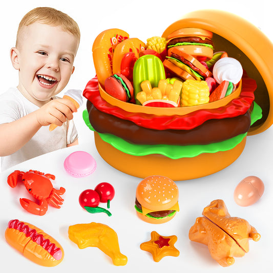 IYHN Play Food Toy for Kids Kitchen, 70pcs Cutting Pretend Food Toys for Toddlers, Play Kitchen Accessories with Hamburger Storage, Fake Food/Fried Chicken/Desert, Birthday Gifts for 3-5 Years Old