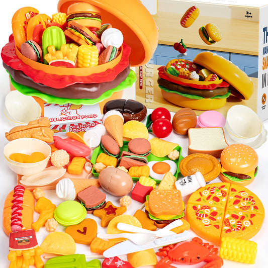 IYHN Play Food Toy for Kids Kitchen, 70pcs Cutting Pretend Food Toys for Toddlers, Play Kitchen Accessories with Hamburger Storage, Fake Food/Fried Chicken/Desert, Birthday Gifts for 3-5 Years Old