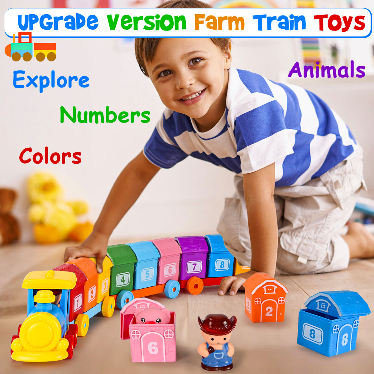 IYHN Farm Train Learning Toy, Counting, Matching & Sorting Montessori Learning Animal Set Including 9 Farm Animals and 1 Farmer, Easter Christmas Birthday Gift for for Toddlers
