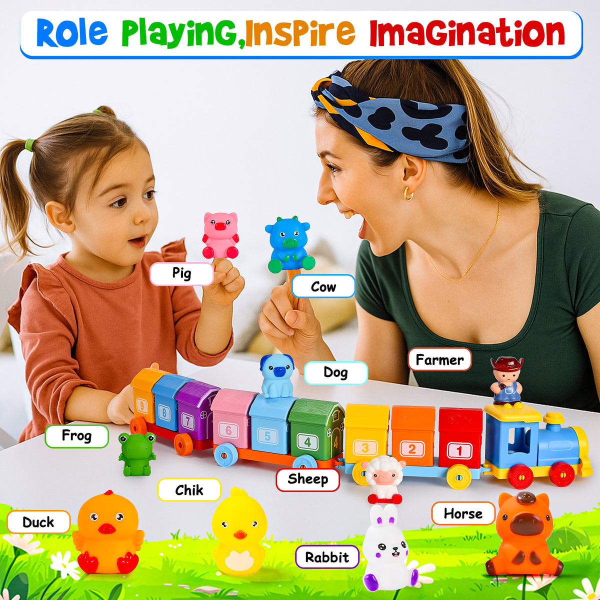 IYHN Farm Train Learning Toy, Counting, Matching & Sorting Montessori Learning Animal Set Including 9 Farm Animals and 1 Farmer, Easter Christmas Birthday Gift for for Toddlers