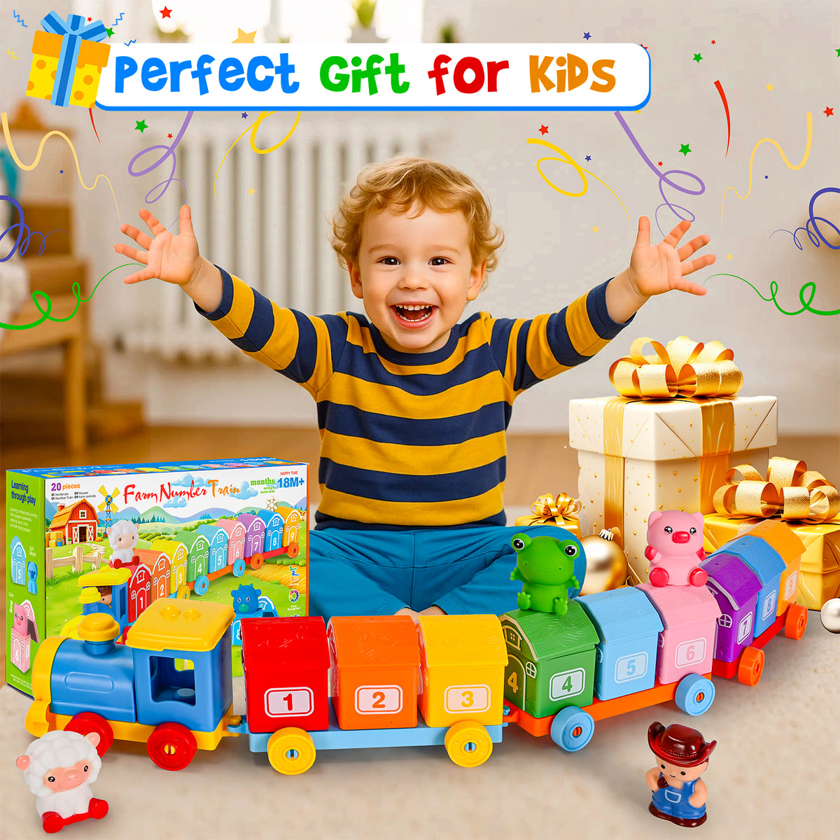 IYHN Farm Train Learning Toy, Counting, Matching & Sorting Montessori Learning Animal Set Including 9 Farm Animals and 1 Farmer, Easter Christmas Birthday Gift for for Toddlers