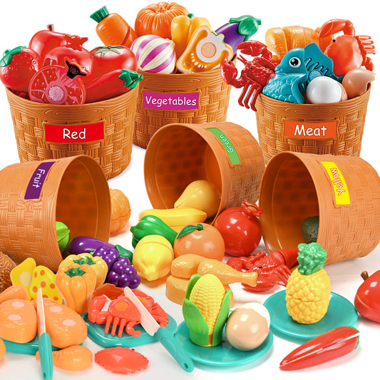 Play Food Set for Toddlers, Learning Toys Cutting Food for Preschool Activities, Pretend Play Kitchen Accessories for Kids, Color Sorting Set for Boys & Girls, Daycare Educational Toy
