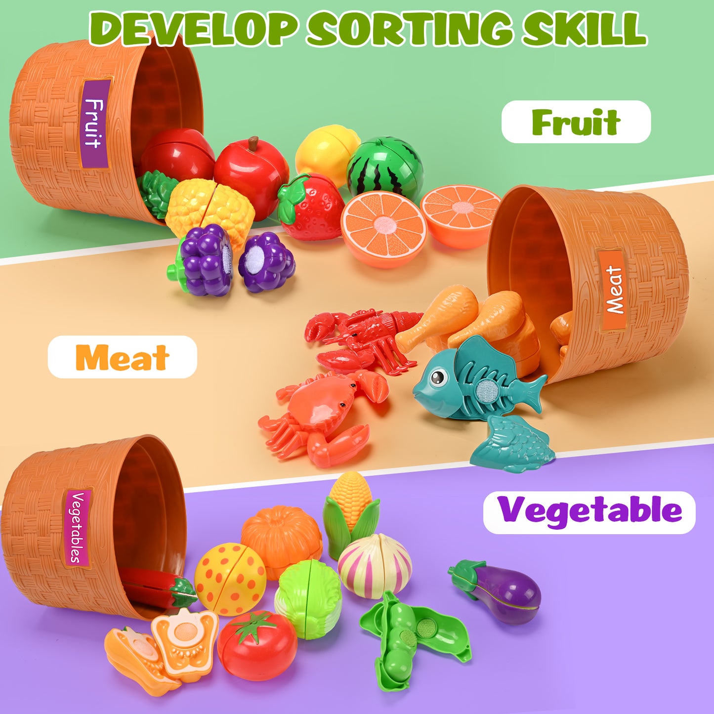 Play Food Set for Toddlers, Learning Toys Cutting Food for Preschool Activities, Pretend Play Kitchen Accessories for Kids, Color Sorting Set for Boys & Girls, Daycare Educational Toy