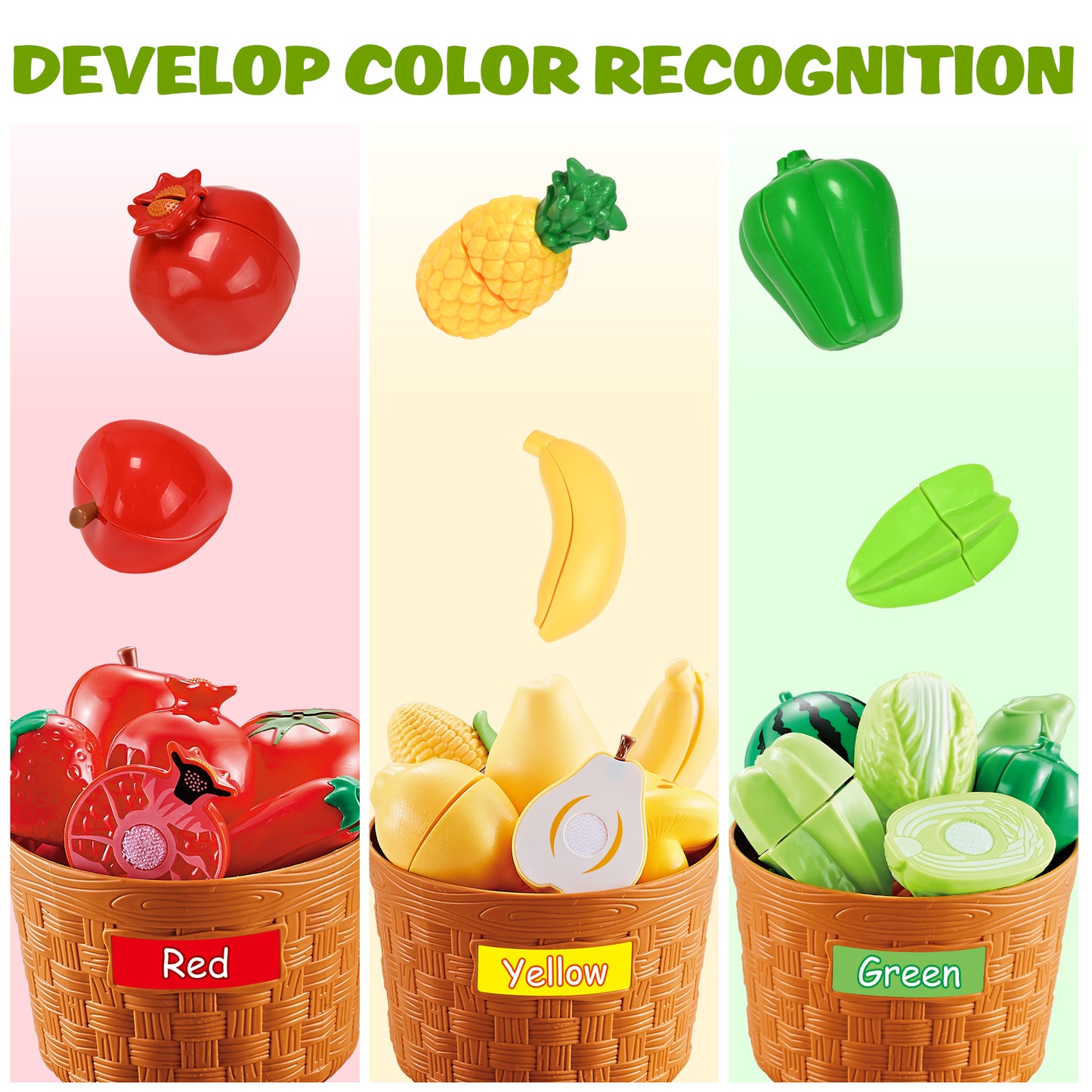 Play Food Set for Toddlers, Learning Toys Cutting Food for Preschool Activities, Pretend Play Kitchen Accessories for Kids, Color Sorting Set for Boys & Girls, Daycare Educational Toy