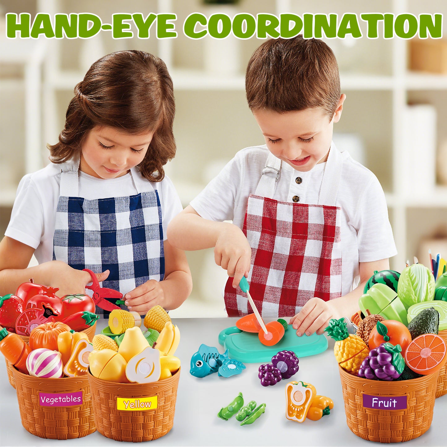 Play Food Set for Toddlers, Learning Toys Cutting Food for Preschool Activities, Pretend Play Kitchen Accessories for Kids, Color Sorting Set for Boys & Girls, Daycare Educational Toy