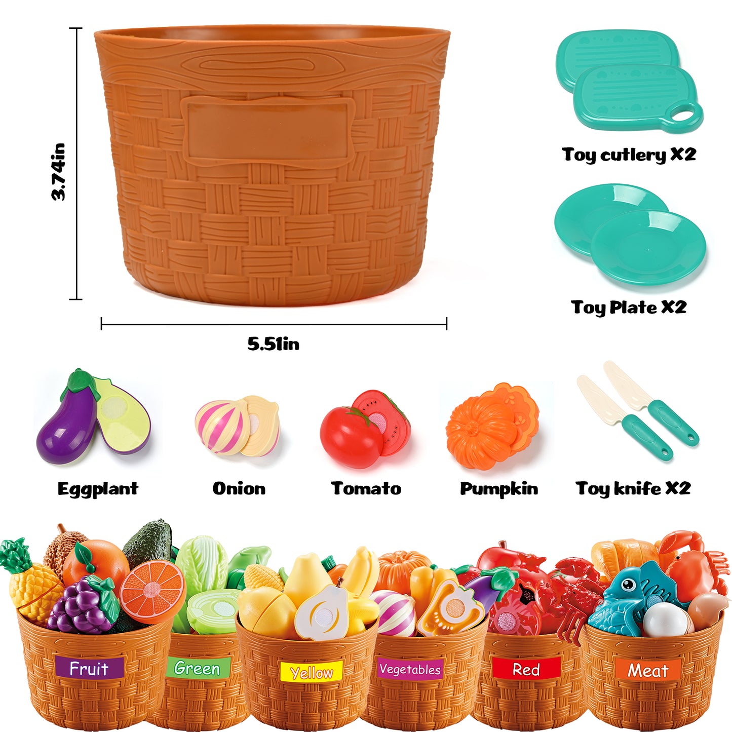 Play Food Set for Toddlers, Learning Toys Cutting Food for Preschool Activities, Pretend Play Kitchen Accessories for Kids, Color Sorting Set for Boys & Girls, Daycare Educational Toy
