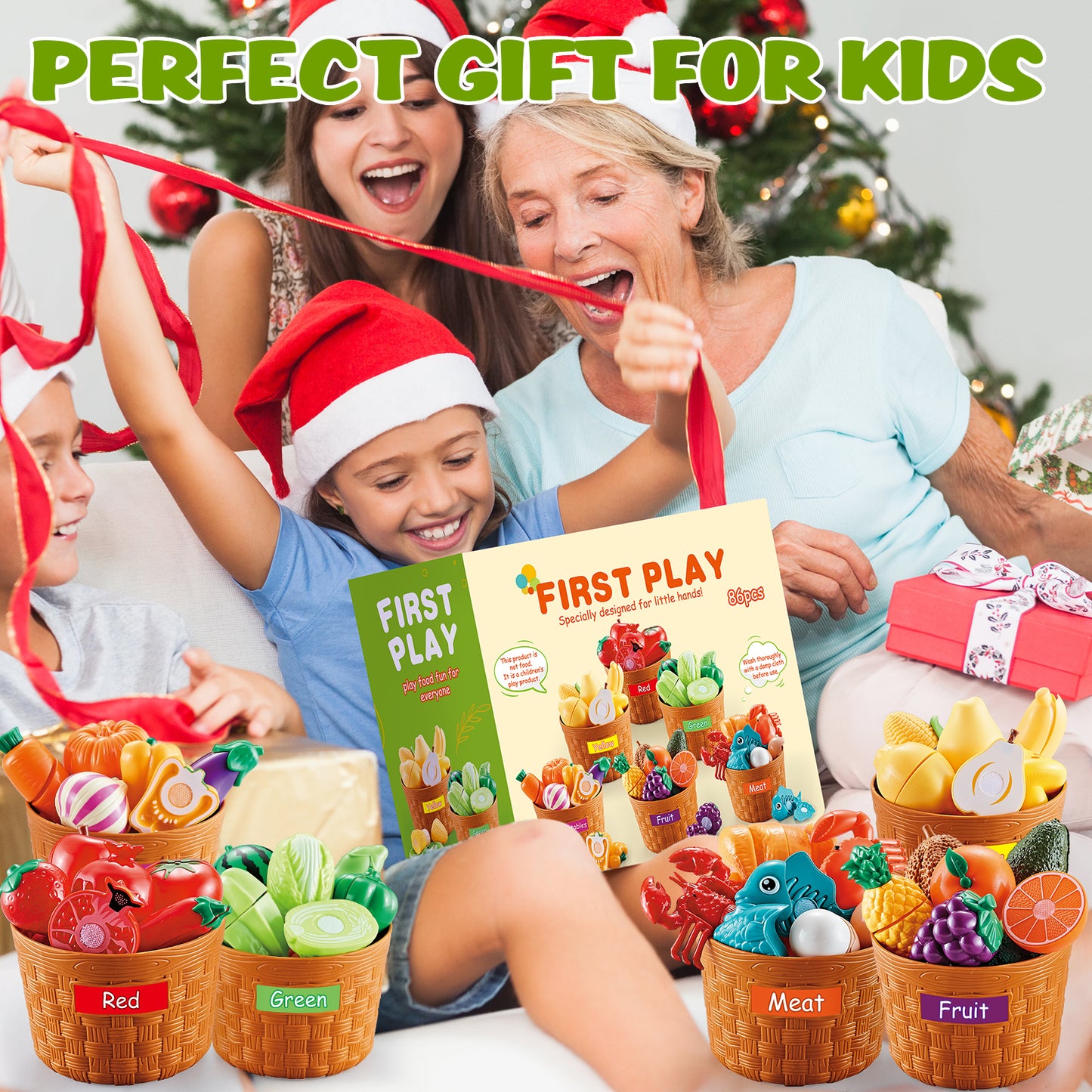 Play Food Set for Toddlers, Learning Toys Cutting Food for Preschool Activities, Pretend Play Kitchen Accessories for Kids, Color Sorting Set for Boys & Girls, Daycare Educational Toy